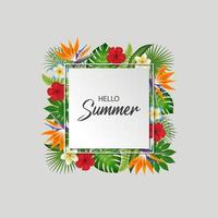 Summer Sale Background With Exotic Leaves And Coloful Flowers. Vector