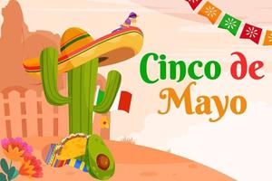 Flat Cinco De Mayo Mexican festival background cactus with sombrero