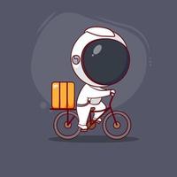 linda caricatura de astronauta montando bicicleta con paquete. fondo aislado de personaje chibi dibujado a mano vector