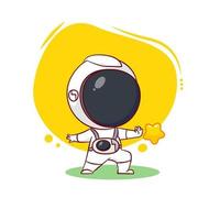 linda caricatura de astronauta toca la estrella. fondo aislado de personaje chibi dibujado a mano vector