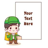 Cute cartoon of delivery man with bubble text. Hand drawn chibi character isolated background. vector