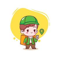 Cute cartoon of delivery man finding location. Hand drawn chibi character isolated background. vector