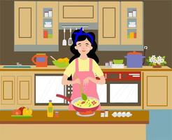flat design illustration of mother cooking in home kitchen