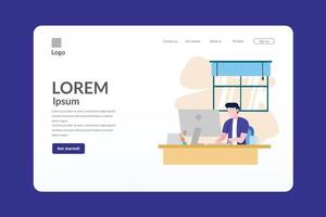 simple landing page with vector man sitting at desk and computer