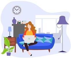 diseño plano de una mujer sentada usando una computadora portátil en la sala de estar vector