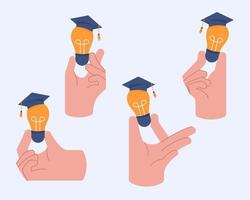 Student hands holding light bulb with graduation vector