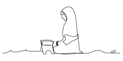 dibujo de una sola línea continua de una mujer musulmana leyendo holly quran en el mes de ramadhan kareem. diseño de estilo dibujado a mano de línea para el concepto de religión vector