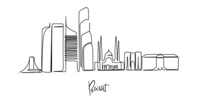 Continuous line drawing of Beirut Lebanon skyline on white background. Vector Illustration. Business travel and tourism concept with modern building. Image for banner or website.