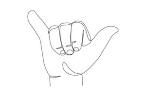continuous one line drawing of shaka sign. Hang loose hand gesture of friendly intent often associated with Hawaii and surf culture. vector illustration