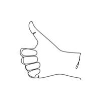 Single line drawing of hand showing thumb up. Sign and symbol of hand gestures. Single continuous line drawing. Hand drawn style art doodle isolated on white background illustration vector