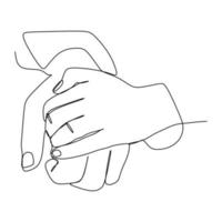 Hands holding each other gesture continuous line drawing design. Sign or symbol of hand gestures. One line draw of hand drawn style art doodle isolated on white background for family concept vector