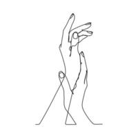 manos sosteniendo entre sí gesto diseño de dibujo de línea continua. signo o símbolo de gestos con las manos. dibujo de una línea de garabato de arte de estilo dibujado a mano aislado sobre fondo blanco para el concepto de relación vector