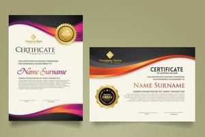 set modern certificate template with flow lines ornament and modern pattern background. vector