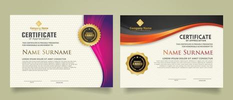 set modern certificate template with flow lines ornament and modern pattern background. vector