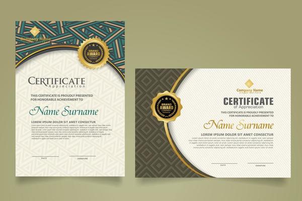 Set modern certificate template with dynamic and futuristic texture on curve ornament and modern pattern background