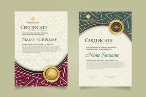 set vertical certificate template with geometry texture on curve ornament and modern pattern background. vector