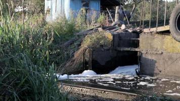 stadsafvoeren en vuil water stroomt langzaam de rivier in. rioolwater stroomt vanuit de stad het riool in. watervervuiling en industrieel afvalwater. mooi uitzicht op vervuilde waterlopen. het water dat werd gebruikt. video