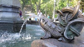 die Fontäne plätschert durch das Fischmaul. Brunnen in Form eines Fisches. Aufnahmen eines Springbrunnens in einem Stadtpark, aus dessen Mündung Wasser spritzt. ukraine, kiew - 12. september 2021. video