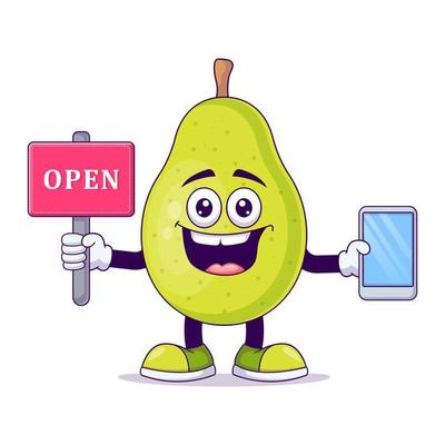 Cute pear holding open sign cartoon vector illustration