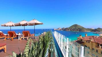 Cabo San Lucas, Los Cabos, Baja California, Mexico, September 10, 2021 - View of scenic landmark tourist landscape destination Arch of Cabo San Lucas, El Arco, from the roof of a luxury hotel video