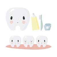 Vector set on the topic of oral hygiene in cartoon style. The illustration shows funny tooth, toothpaste, dental floss, toothbrush. Dental concept for children dentistry and orthodontics.