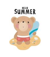 Cute Bear with Surfboard. Cartoon style. Vector illustration. For card, posters, banners, books, printing on the pack, printing on clothes, fabric, wallpaper, textile or dishes.