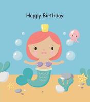 fiesta de cumpleaños, tarjeta de felicitación, invitación de fiesta. ilustración infantil con linda sirena. ilustración vectorial en estilo de dibujos animados. vector