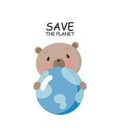 Cute Bear with Planet Earth. Cartoon style. Vector illustration. For card, posters, banners, children books, printing on the pack, printing on clothes, fabric, wallpaper, textile or dishes.