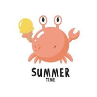 Cute Crab with Ice cream. Cartoon style. Vector illustration. For card, posters, banners, books, printing on the pack, printing on clothes, fabric, wallpaper, textile or dishes.