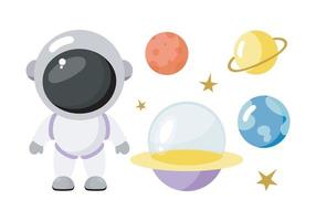 Space set. Vector illustration in cartoon style. Cosmonaut, planets, stars, spaceship For kids stuff, card, posters, banners, children books and print for clothes, t shirt, icons.