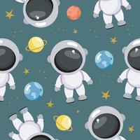Seamless Pattern with Cosmonaut, Planets, Stars. Vector illustration. For greeting card, posters, banners, the card, printing on the pack, printing on clothes, fabric, wallpaper.
