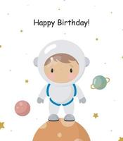 fiesta de cumpleaños, tarjeta de felicitación, invitación de fiesta. ilustración infantil con lindo cosmonauta. ilustración vectorial en estilo de dibujos animados. vector