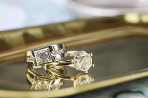 Close up of engagement diamond ring. Love and wedding concept. photo