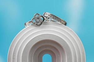 Close up of engagement diamond ring. Love and wedding concept. photo