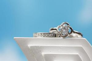 Close up of engagement diamond ring. Love and wedding concept. photo