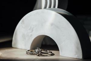 Close up of engagement diamond ring. Love and wedding concept. photo