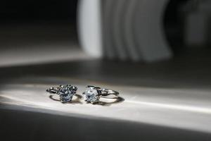 Close up of engagement diamond ring. Love and wedding concept. photo