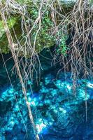 Blue turquoise water limestone cave sinkhole cenote Tajma ha Mexico.
