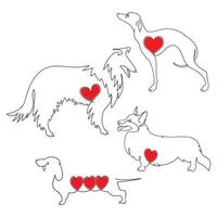 Dogs of various breeds and positions. Vector illustration with a hand-drawn outline of a line with a red heart
