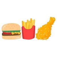 concepto de elementos de comida rápida con hamburguesa de papas fritas