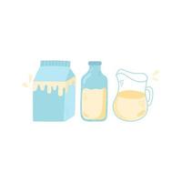 Milk in jar, bottle, glass and cardboard package vector