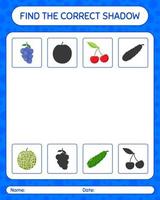 encuentra el juego de sombras correcto con frutas. hoja de trabajo para niños en edad preescolar, hoja de actividades para niños vector