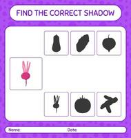 Find the correct shadows game with turnip. worksheet for preschool kids, kids activity sheet vector