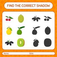 encuentra el juego de sombras correcto con frutas. hoja de trabajo para niños en edad preescolar, hoja de actividades para niños vector