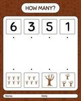 How many counting game with tree. worksheet for preschool kids, kids activity sheet vector