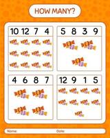 How many counting game with candy. worksheet for preschool kids, kids activity sheet vector