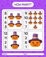 How many counting game with jack o' lantern. worksheet for preschool kids, kids activity sheet vector