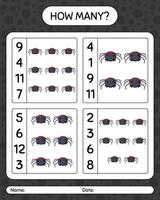 How many counting game with spider. worksheet for preschool kids, kids activity sheet vector