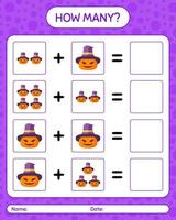 How many counting game with jack o' lantern. worksheet for preschool kids, kids activity sheet vector