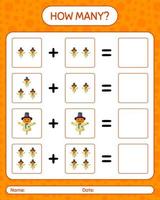 How many counting game with scarecrow. worksheet for preschool kids, kids activity sheet vector